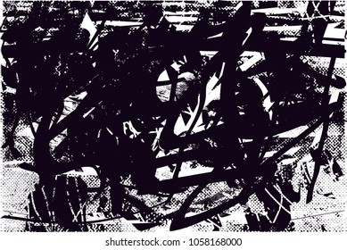 Print distress background in black and white texture with spots, scratches and lines. Abstract vector illustration