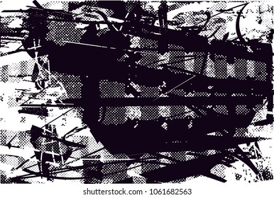 Print distress background in black and white texture with spots, scratches and lines. Abstract vector illustration. 