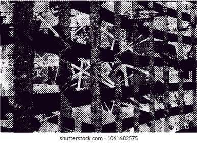 Print distress background in black and white texture with spots, scratches and lines. Abstract vector illustration. 