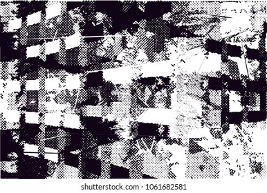 Print distress background in black and white texture with spots, scratches and lines. Abstract vector illustration. 