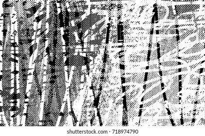 Print distress background in black and white texture with spots, nets, scratches and lines. Abstract vector illustration. 