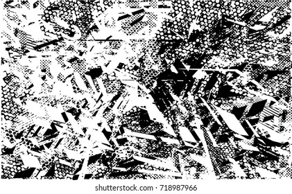 Print distress background in black and white texture with spots, nets, scratches and lines. Abstract vector illustration. 
