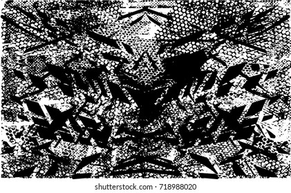 Print distress background in black and white texture with spots, nets, scratches and lines. Abstract vector illustration. 