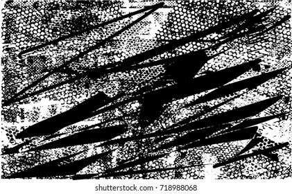 Print distress background in black and white texture with spots, nets, scratches and lines. Abstract vector illustration. 