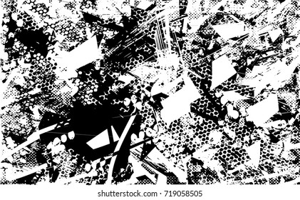 Print distress background in black and white texture with spots, nets, scratches and lines. Abstract vector illustration. 