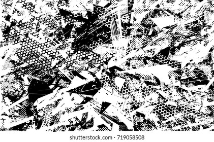 Print distress background in black and white texture with spots, nets, scratches and lines. Abstract vector illustration. 