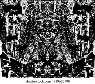 Print distress background in black and white texture with spots, nets, scratches and lines. Abstract vector illustration. 