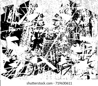 Print distress background in black and white texture with spots, nets, scratches and lines. Abstract vector illustration. 