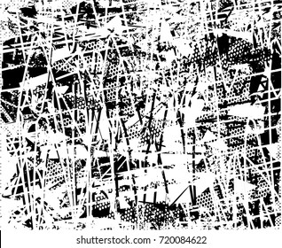 Print distress background in black and white texture with spots, nets, scratches and lines. Abstract vector illustration. 