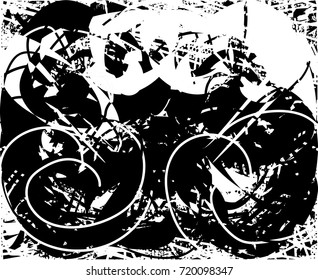 Print distress background in black and white texture with spots, nets, scratches and lines. Abstract vector illustration. 