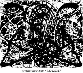 Print distress background in black and white texture with spots, nets, scratches and lines. Abstract vector illustration. 