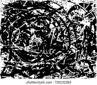 Print distress background in black and white texture with spots, nets, scratches and lines. Abstract vector illustration. 