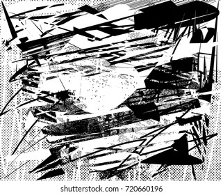 Print distress background in black and white texture with spots, scratches and lines. Abstract vector illustration. 
