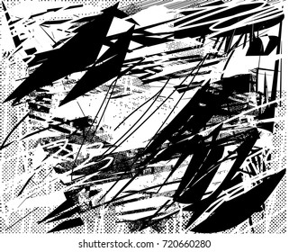 Print distress background in black and white texture with spots, scratches and lines. Abstract vector illustration. 