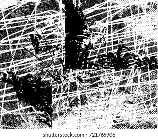Print distress background in black and white texture with spots, scratches and lines. Abstract vector illustration. 