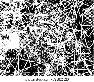 Print distress background in black and white texture with spots, scratches and lines. Abstract vector illustration. 