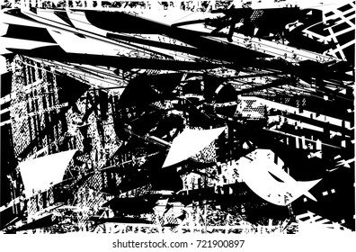 Print distress background in black and white texture with spots, scratches and lines. Abstract vector illustration. 