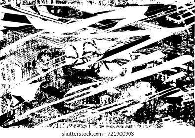 Print distress background in black and white texture with spots, scratches and lines. Abstract vector illustration. 