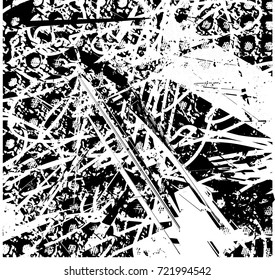 Print distress background in black and white texture with spots, scratches and lines. Abstract vector illustration. 