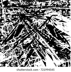 Print distress background in black and white texture with spots, scratches and lines. Abstract vector illustration. 