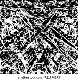 Print distress background in black and white texture with spots, scratches and lines. Abstract vector illustration. 
