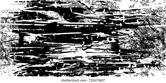 Print distress background in black and white texture with spots, scratches and lines. Abstract vector illustration. 