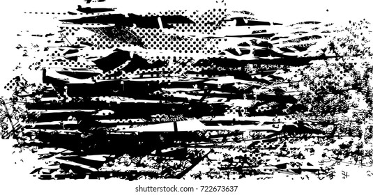 Print distress background in black and white texture with spots, scratches and lines. Abstract vector illustration. 