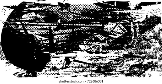 Print distress background in black and white texture with spots, scratches and lines. Abstract vector illustration. 