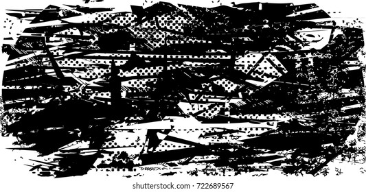 Print distress background in black and white texture with spots, scratches and lines. Abstract vector illustration. 
