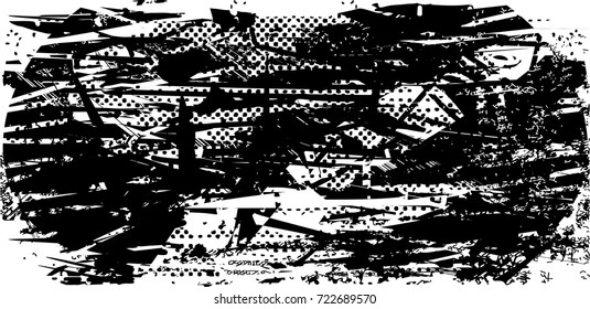 Print distress background in black and white texture with spots, scratches and lines. Abstract vector illustration. 