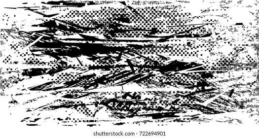 Print distress background in black and white texture with spots, scratches and lines. Abstract vector illustration. 