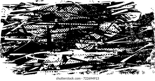 Print distress background in black and white texture with spots, scratches and lines. Abstract vector illustration. 