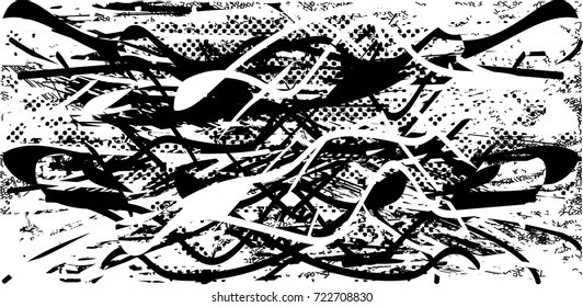 Print distress background in black and white texture with spots, scratches and lines. Abstract vector illustration. 
