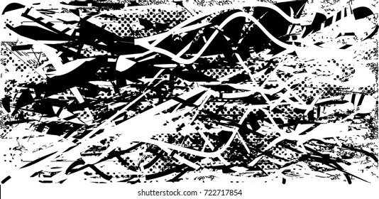 Print distress background in black and white texture with spots, scratches and lines. Abstract vector illustration. 