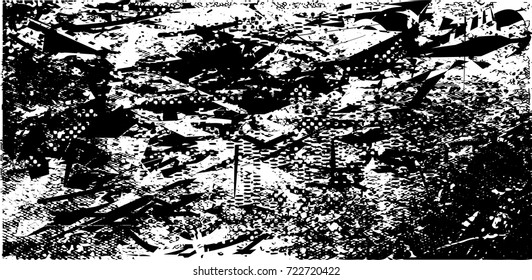 Print distress background in black and white texture with spots, scratches and lines. Abstract vector illustration. 