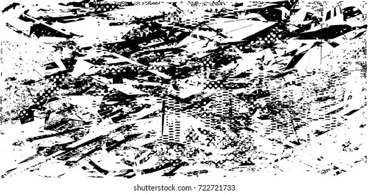 Print distress background in black and white texture with spots, scratches and lines. Abstract vector illustration. 