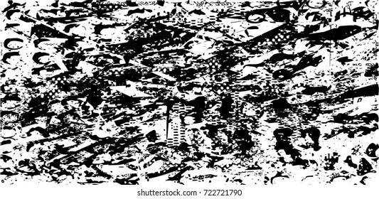 Print distress background in black and white texture with spots, scratches and lines. Abstract vector illustration. 