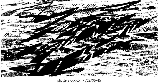 Print distress background in black and white texture with spots, scratches and lines. Abstract vector illustration. 