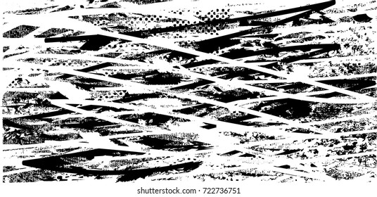 Print distress background in black and white texture with spots, scratches and lines. Abstract vector illustration. 