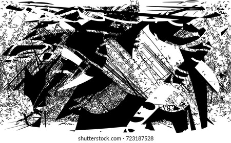 Print distress background in black and white texture with spots, scratches and lines. Abstract vector illustration. 
