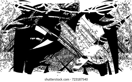 Print distress background in black and white texture with spots, scratches and lines. Abstract vector illustration. 