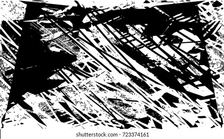 Print distress background in black and white texture with spots, scratches and lines. Abstract vector illustration. 