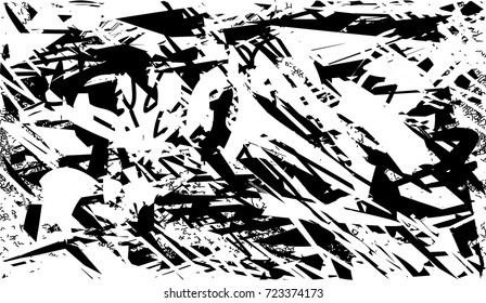 Print distress background in black and white texture with spots, scratches and lines. Abstract vector illustration. 