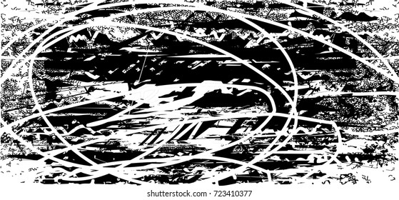 Print distress background in black and white texture with spots, scratches and lines. Abstract vector illustration. 