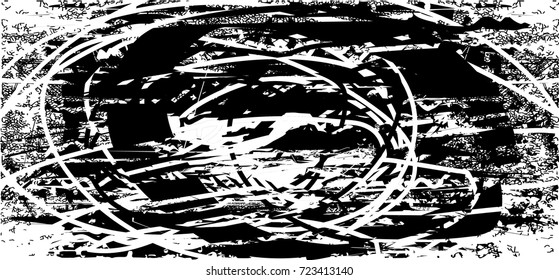 Print distress background in black and white texture with spots, scratches and lines. Abstract vector illustration. 