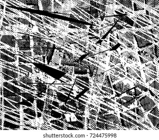 Print distress background in black and white texture with spots, scratches and lines. Abstract vector illustration. 