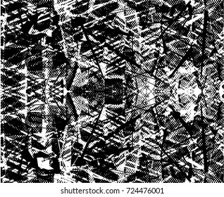 Print distress background in black and white texture with spots, scratches and lines. Abstract vector illustration. 