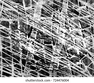 Print distress background in black and white texture with spots, scratches and lines. Abstract vector illustration. 
