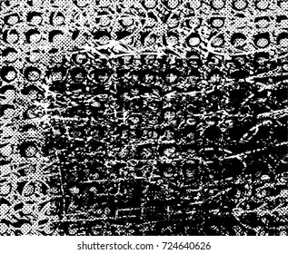 Print distress background in black and white texture with spots, scratches and lines. Abstract vector illustration. 