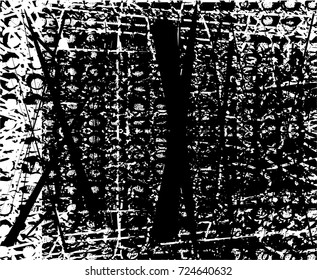 Print distress background in black and white texture with spots, scratches and lines. Abstract vector illustration. 